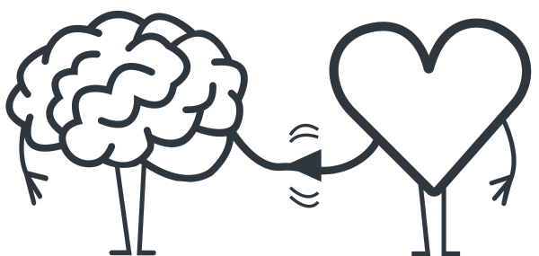 Outline drawing of a brain and heart shaking hands