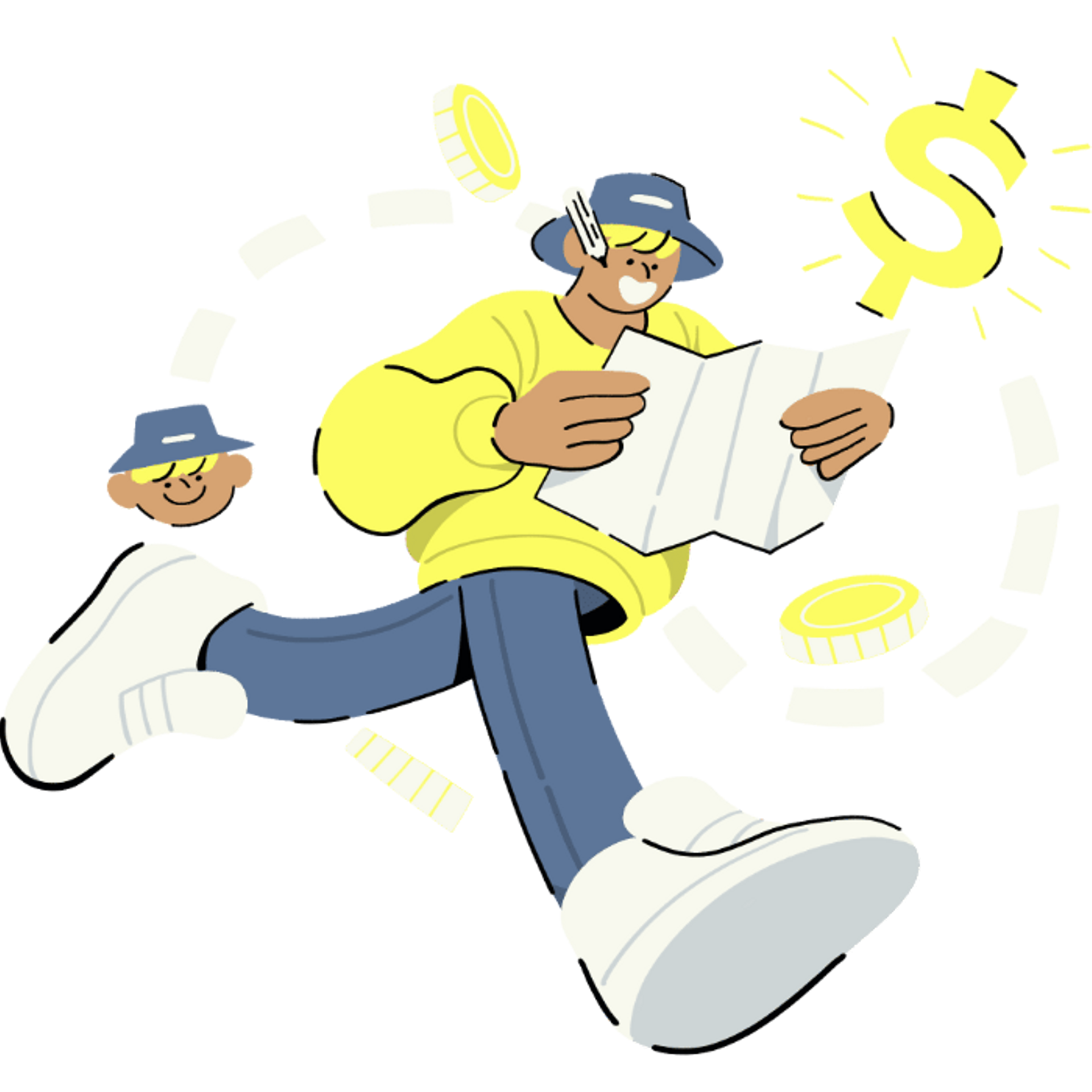 A graphic of a man walking with a financial plan in his hands